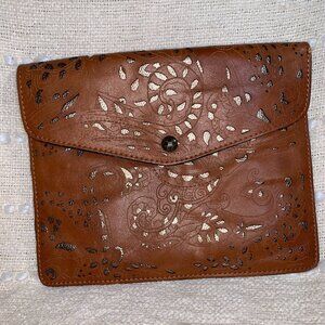 Patricia Nash Leather Clutch iPad Kindle Case Laser Cut Brown with Gold Backing